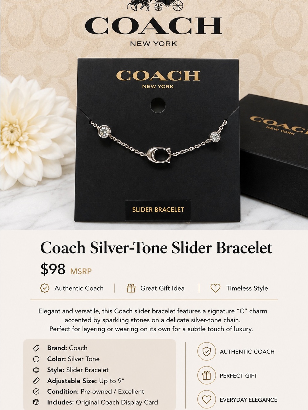 Coach Silver Tone Slider Bracelet with Sparkling Accents